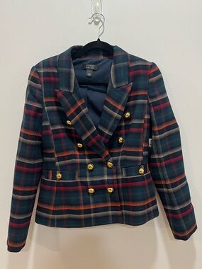 Halogen Navy and Green Plaid Double-Breasted Blazer with Gold Buttons